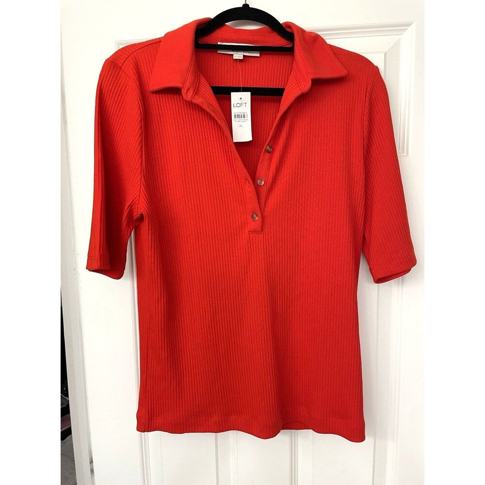 LOFT Women's Red/orange Ribbed V-Neck Blouse NWT Size XL